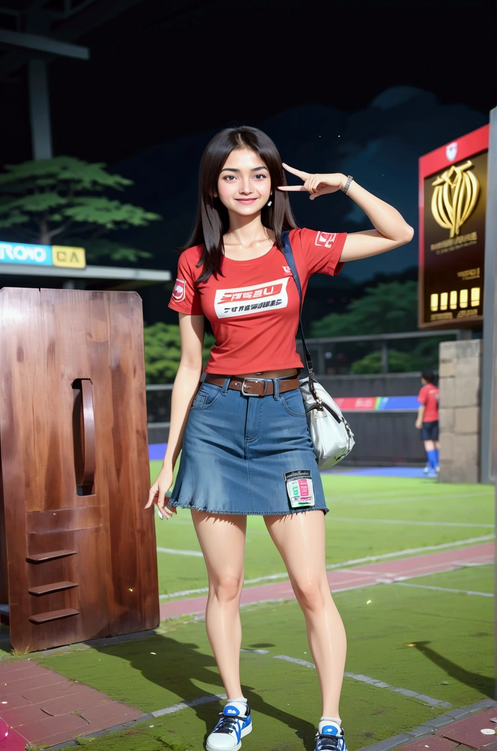 pretty indian woman, posing at the gate of soccer stadium, she has long straight hair (black hair, forehead, side parted hair, brown ombre hair), wearing red short sleeves t-shirt, denim pencil mini skirt, white sneakers, white bag,  BREAK, ((masterpiece:1.2), (best quality:1.2), (very aesthetic:1.2), (absurdres:1.2), (detailed background),intricate details, newest), (1girl, solo, full body), (japanese anime style), (expressive eyes, perfect face, perfect anatomy)