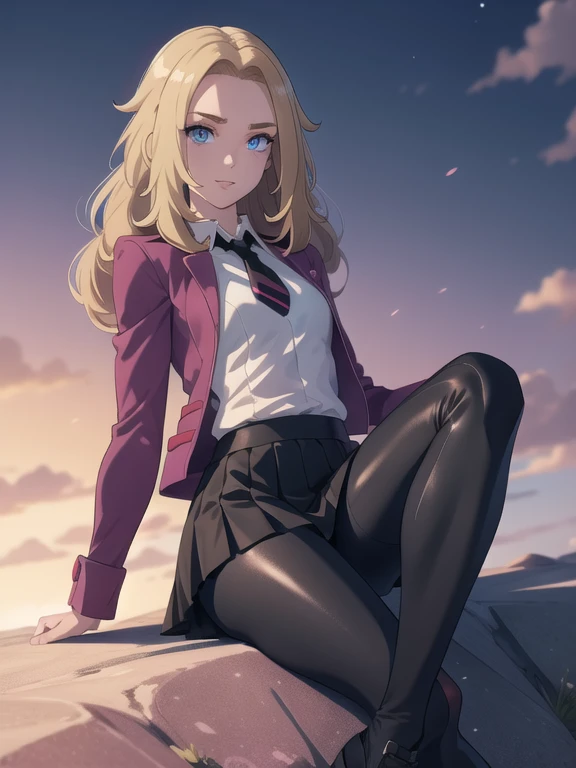 (masterpiece:1.2), best quality, high resolution, unity 8k wallpaper, (illustration:0.8), (beautiful detailed eyes:1.6), extremely detailed face, perfect lighting, extremely detailed CG, (perfect hands, perfect anatomy), a Lass from Pokemon Sword and Shield, blonde hair, blue eyes, (Wearing: A school uniform, opened magenta jacket, white undershirt, magenta tie, short black skirt, black shiny leggings and black shoes)