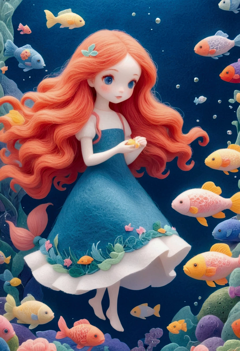 A delicate felt painting：Girl with long red hair，Dreamy and beautiful，Fairy Tale World，fish