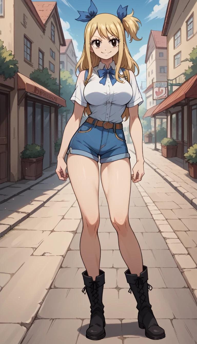 ultra-detailed, 1girl, lucy heartfilia, Fairy Tail, (best quality), ((masterpiece)), (highres), 16K, brown eyes, perfect face, long hair, blonde hair, hair ribbon, one side up, blue ribbon, wearing white shirt, bootyshorts, boots, busty body, large breasts and a beautiful ass, showcasing cleavage, legs, hips, looking at viewer, smile, (view from behind), detailed full body, thigh details, street background