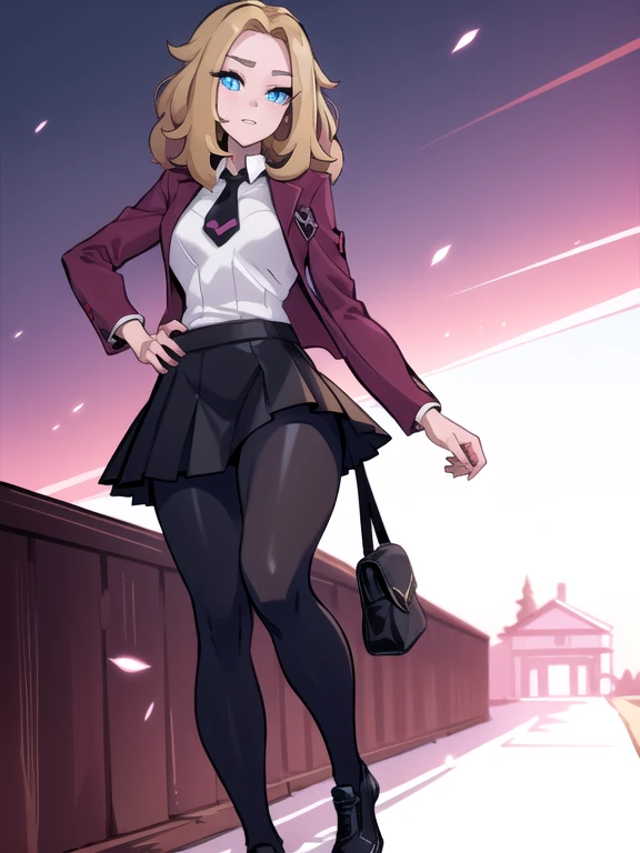 (masterpiece:1.2), best quality, high resolution, unity 8k wallpaper, (illustration:0.8), (beautiful detailed eyes:1.6), extremely detailed face, perfect lighting, extremely detailed CG, (perfect hands, perfect anatomy), a Lass from Pokemon Sword and Shield, blonde hair, blue eyes, (Wearing: A school uniform, opened magenta jacket, white undershirt, magenta tie, short black skirt, black shiny leggings and black shoes)