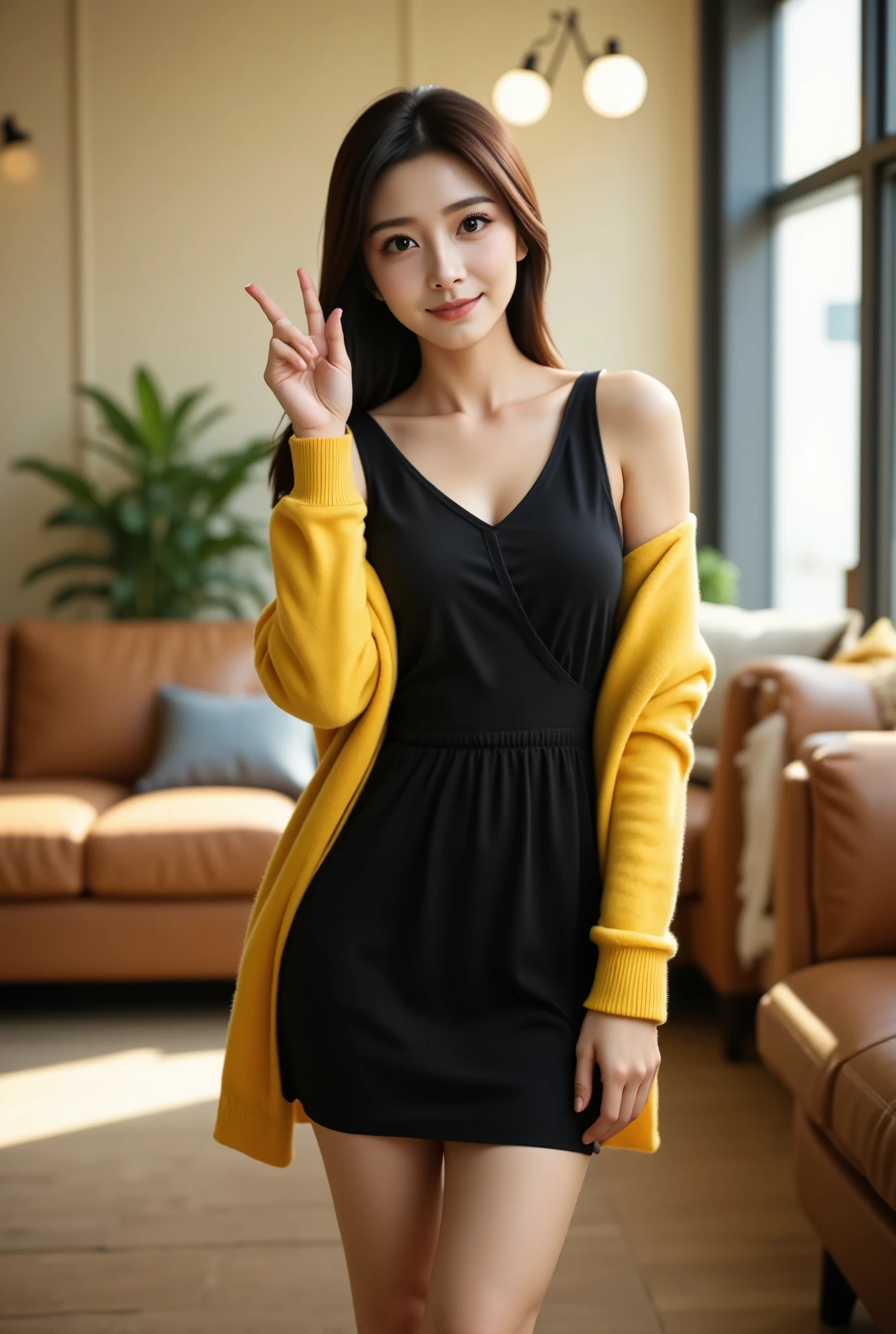 A realistic and vibrant photo of a East Asian woman in a modern living room. She is smiling warmly, dressed in a casual yet stylish black dress paired with a light yellow jacket draped over her shoulders. She strikes a playful pose with her hand near her face, fingers forming a peace sign. The light from the window casts a soft glow on her, illuminating the cozy space with a comfortable leather couch and a potted plant in the background. The atmosphere is relaxed and welcoming, capturing the natural warmth of the scene.