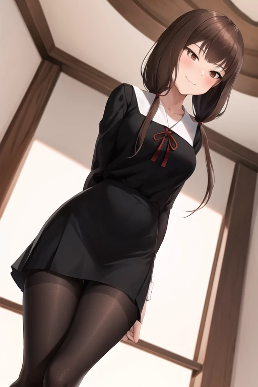 masterpiece, best quality, highres, bbmiko, long hair, low twintails, blunt bangs, collarbone, neck ribbon, red ribbon, black dress, black shirt, long sleeves, black sleeves, armband, black pantyhose, standing, cowboy shot, outdoors, smile, closed mouth, smug half-closed eyes, show panties, lift skirt, show teeth, view from below,