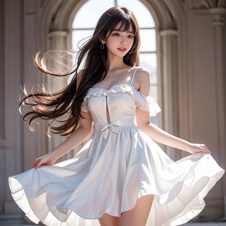 ((top quality, 8k, masterpiece: 1.3)), women (full body portrait, smiling, wearing a mini length dress with white pleats and ruffles, back figure, looking back, small ass), outdoors, outside the chapel, background is out of focus, overhead camera, sharp focus: 1.2, cute women: 1.4, (((brown, long hair, floating hair)), very detailed face and skin and hair texture, wind, Flipping skirt, buttocks, small necklace on the neck, bracelet, ring, detailed eyes, double eyelids, white skin, beautiful legs, beautiful delicate nose, cute young Japan woman, 24 years old, pleasant to the eye, while exuding happy emotions, characterized by a contrasting mix of calm tones and light and shadow, with dynamic angles, It is a thought-provoking composition.