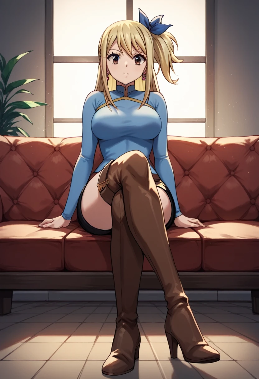 score_9, score_8_up, score_7_up, score_6_up, score_5_up, score_4_up, source_anime, 1girl,lucy heartfilia, blonde hair, long hair, side ponytail, blue ribbon, brown eyes, middle breasts, earrings, thigh boots, brown boots, long heels, blue shirt, black shorts, crossed legs, sit, sofa, room, best quality, best res, 4K UHD,
 