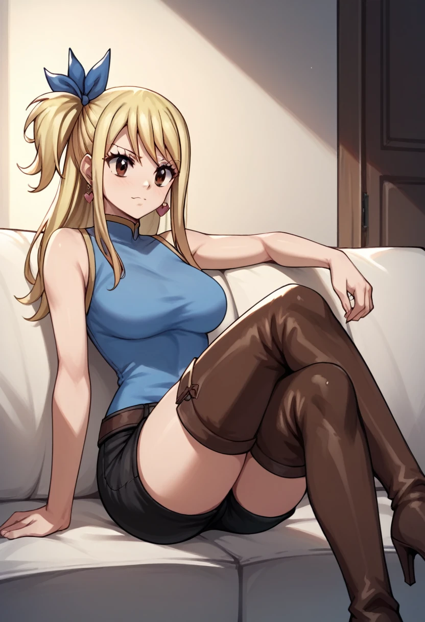 score_9, score_8_up, score_7_up, score_6_up, score_5_up, score_4_up, source_anime, 1girl,lucy heartfilia, blonde hair, long hair, side ponytail, blue ribbon, brown eyes, middle breasts, earrings, thigh boots, brown boots, long heels, blue shirt, black shorts, crossed legs, sit, sofa, room, best quality, best res, 4K UHD,
 