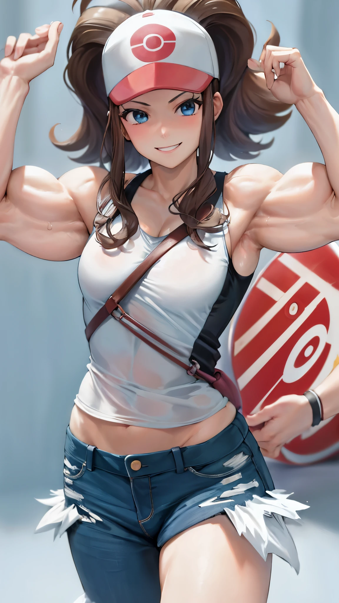 attractive korean woman, ripped muscle, muscular body, small breast, pale skin, smile, nude, tight shorts, cross necklace, sixpack abs, [ultra detailed skin:1.2], brown hair, hair bun, 8k uhd, pussy, full body, crowd, public, temple, standing,