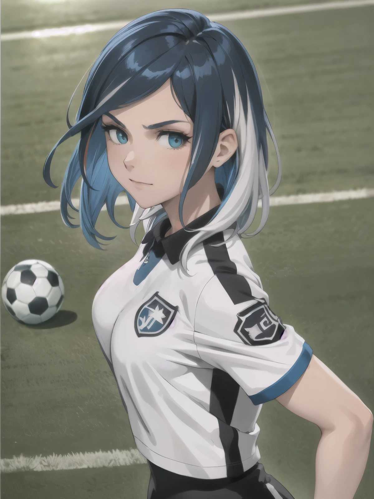 best quality,ultra detailed,looking at viewer,solo, ulvida,dark-blue hair,white hair,two-tone hair,big breasts,soccer uniform,
soccer court,standing,(portrait,upper body),