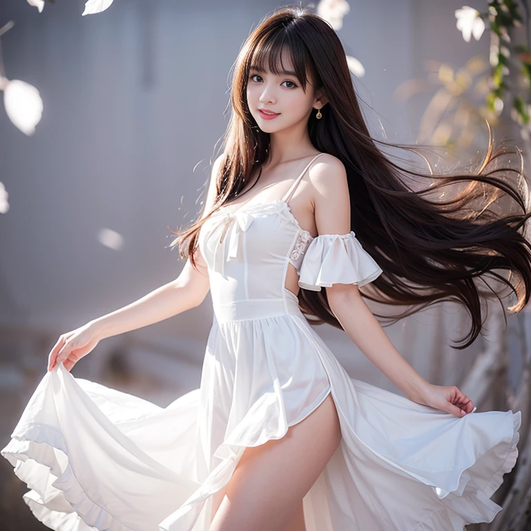 最high quality, masterpiece, High resolution, One girl, White flared chiffon short dress, smile, Mouth closed,lips, Long hair blowing in the wind, Beautiful eyes in every detail,Fine eyelashes, Beautiful Face,On top of that_body, Ultra-realistic pantyhose、Skirt and thighs、Tyndall effect,Realistic, Rim Light, Two-tone lighting,(Skin with attention to detail:1.2), 8K Ultra HD, Digital SLR, Soft lighting, high quality, Volumetric lighting, Frank, photograph, High resolution, 4K, 8k, Bokeh, In the downtown area, afternoon、Bare thighs!!! skirtlift,