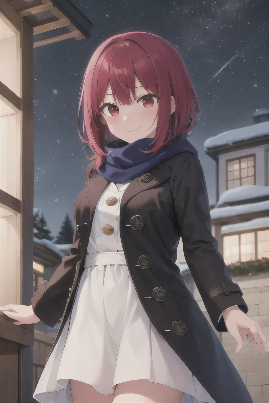 (Masterpiece, Top quality;1.3), Very detailed ,Very detailed, 1 woman,Alone, Beautiful night sky, Snow falling heavily, Red hair, red eyes, shot, Red, Red eye, Cuteness, Tsundere, Cuteness, Black coat over white dress, Navy blue scarf, Christmas atmosphere, night sky background, shy smile