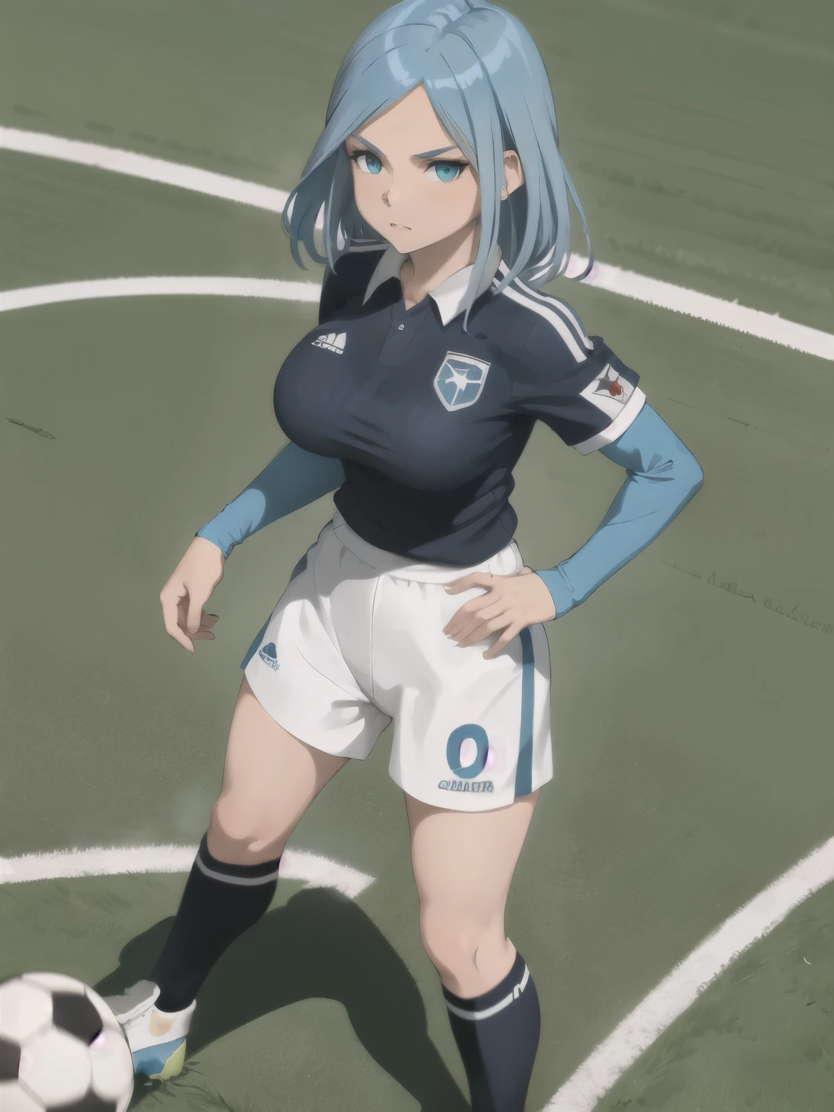 best quality,ultra detailed,looking at viewer,solo, ulvida,dark-blue hair,white hair,two-tone hair,big breasts,soccer uniform,
soccer court,standing,(full body), bulky