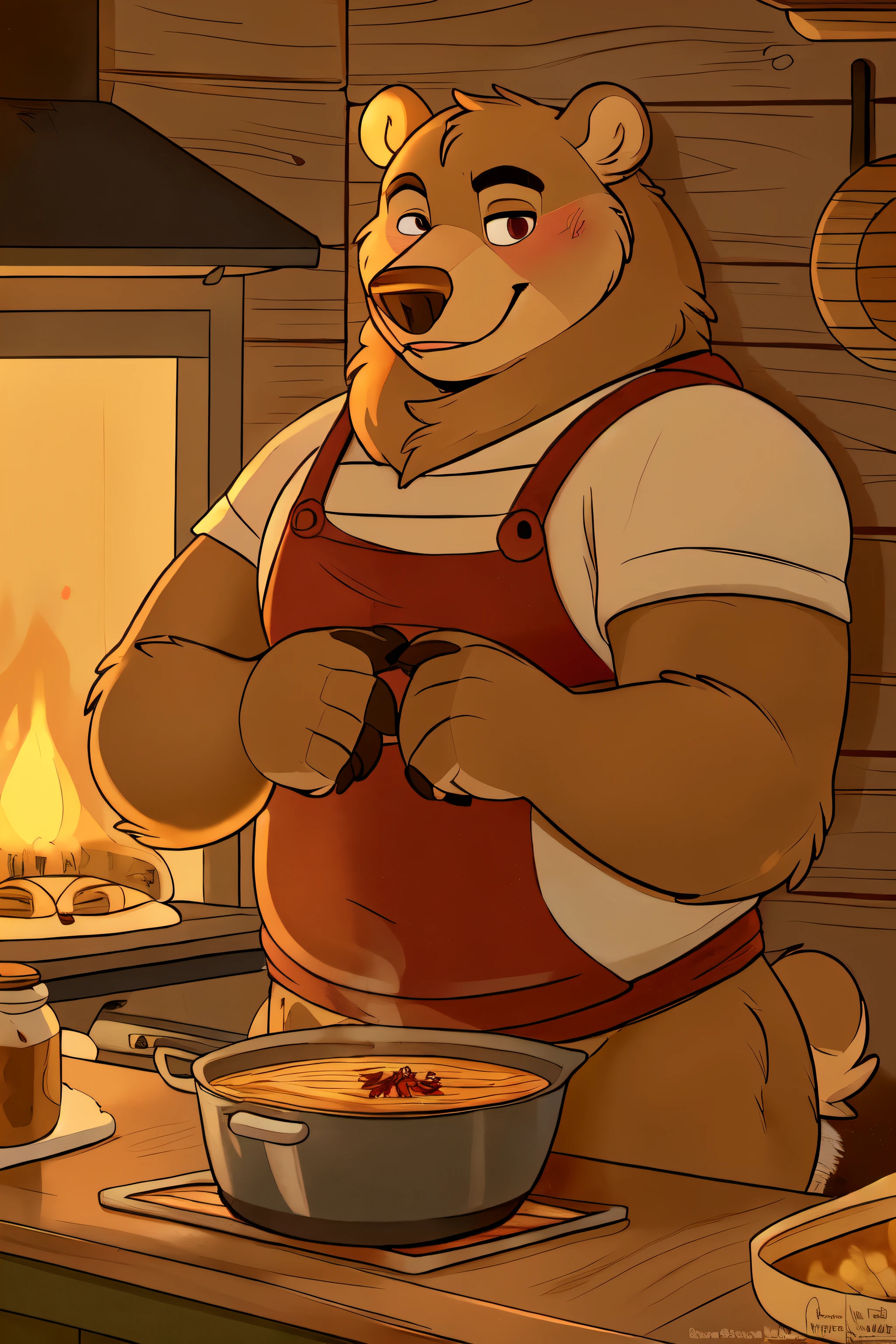 ((best quality)), ((masterpiece)), (detailed), (cartoon), bear, a anthromorphic bear cooking inside a wooden cabin kitchen holding a pan with some spices on the counter, a on the wall above the stove with trees outside in the middle of the forest , bear, fluffy (art done by letodoesart)