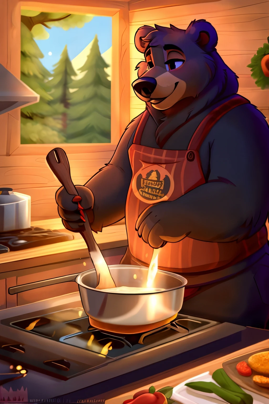 ((best quality)), ((masterpiece)), (detailed), (cartoon), bear, a anthromorphic bear cooking inside a wooden cabin kitchen holding a pan with some spices on the counter, a on the wall above the stove with trees outside in the middle of the forest , bear, fluffy (art done by letodoesart)