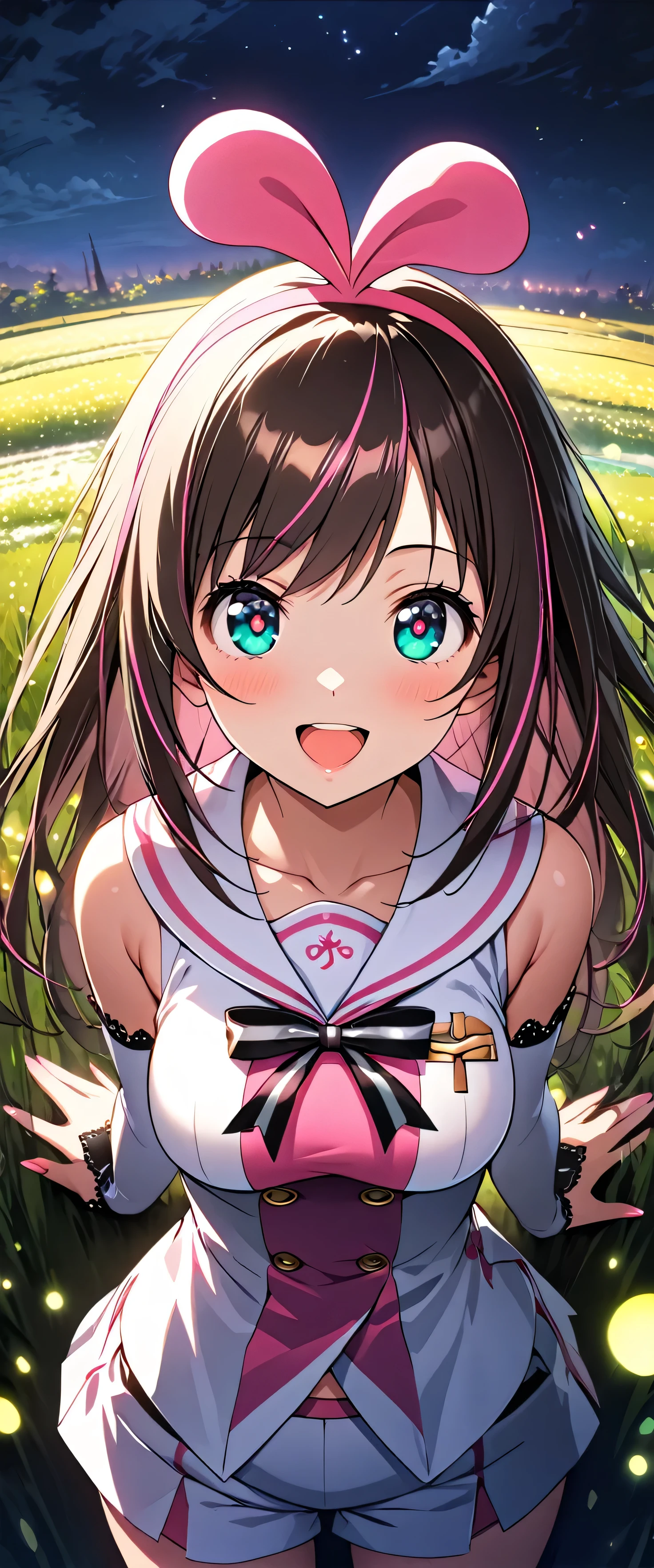 (beautiful girl: 1.3),One girl,masterpiece,Please redeem,Ultra-high resolution,Rich contrast,super high quality,8k,Highly detailed CG unit wallpaper,Texture,Very absurd,RAW Photos,Please redeem anime,Depth of written boundary 1.2,Very detailed eyes,Glowing Skin,Glitter Effect,Beautiful glossy lips,((Kizuna Ai)),Rice field at night,Lots of fireflies,Beautiful firefly light,Very smiling,Open your mouth wide,overlooking,(magnificent panorama view:1.3), Fantasy