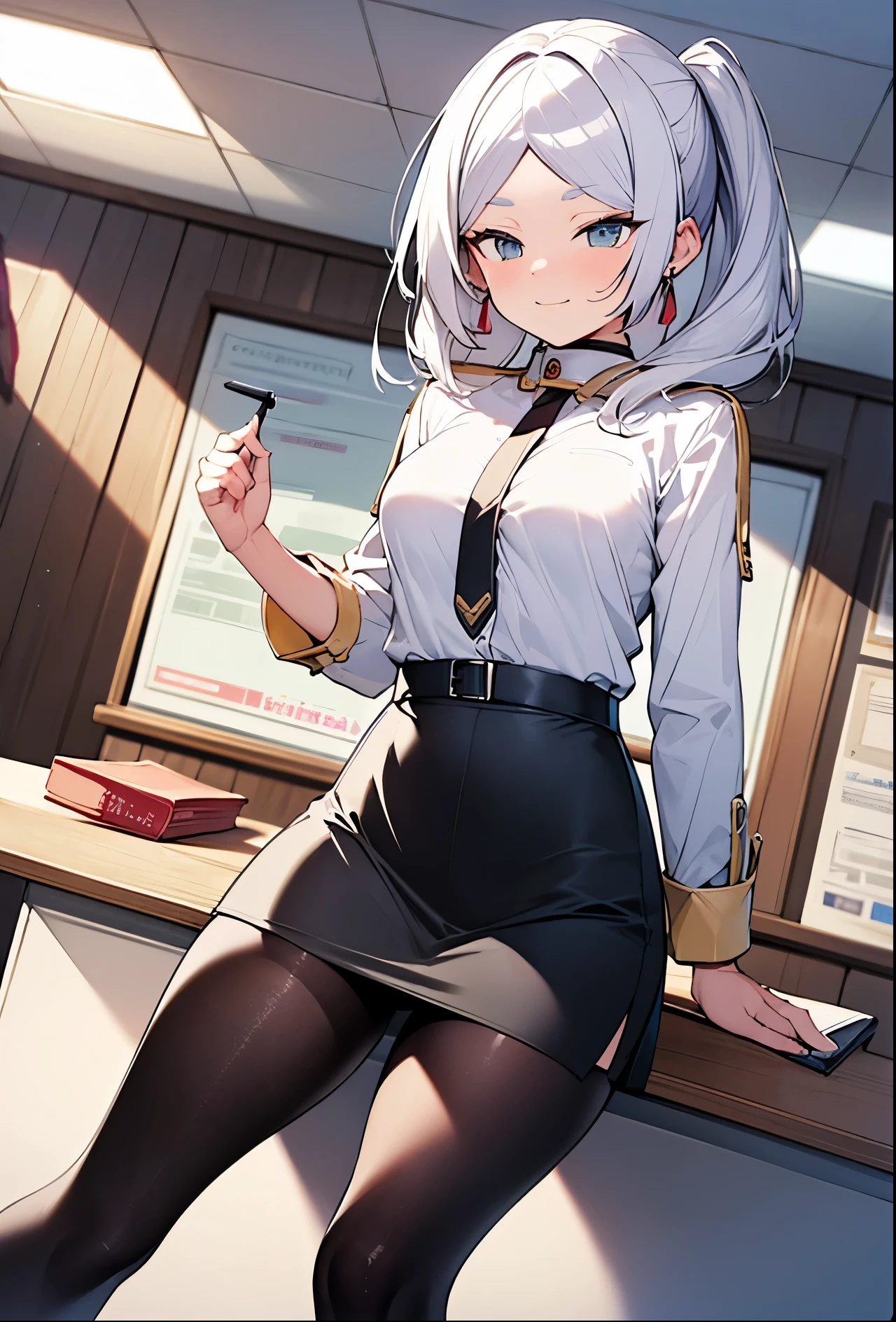 ((Masterpiece)),(best quality),(details),(1 girl), silver hair, green glowing eyes, Update, white shirt, black skirt, Look down at the audience., sexy, Butt to the camera, pencil skirt