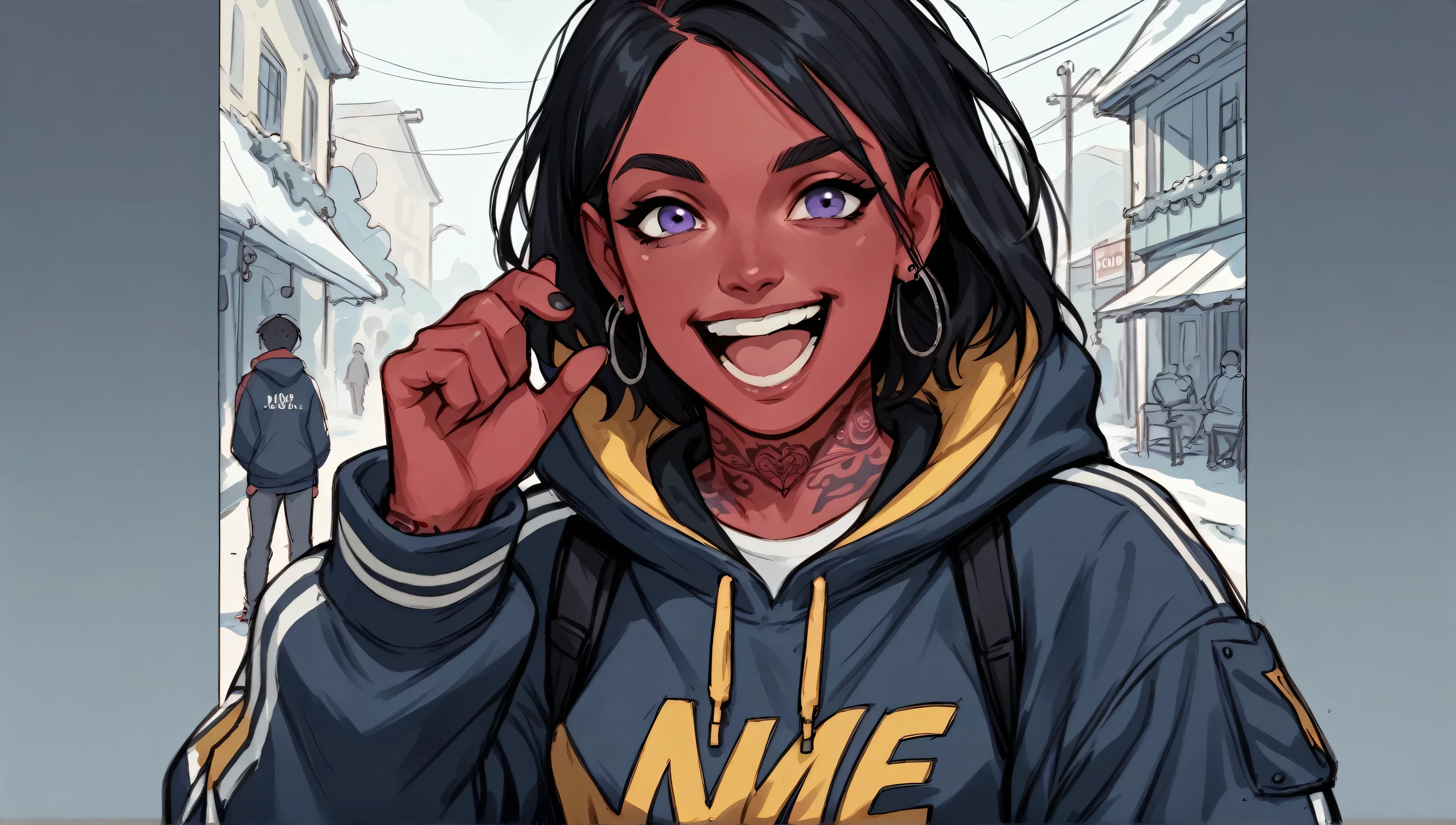 comics style,young woman with red skin , black hair , purple eyes puts on a streetwear winter clothings.  strong,She is tall, street tattoos , she walks downtown , laugh 
,sketch 