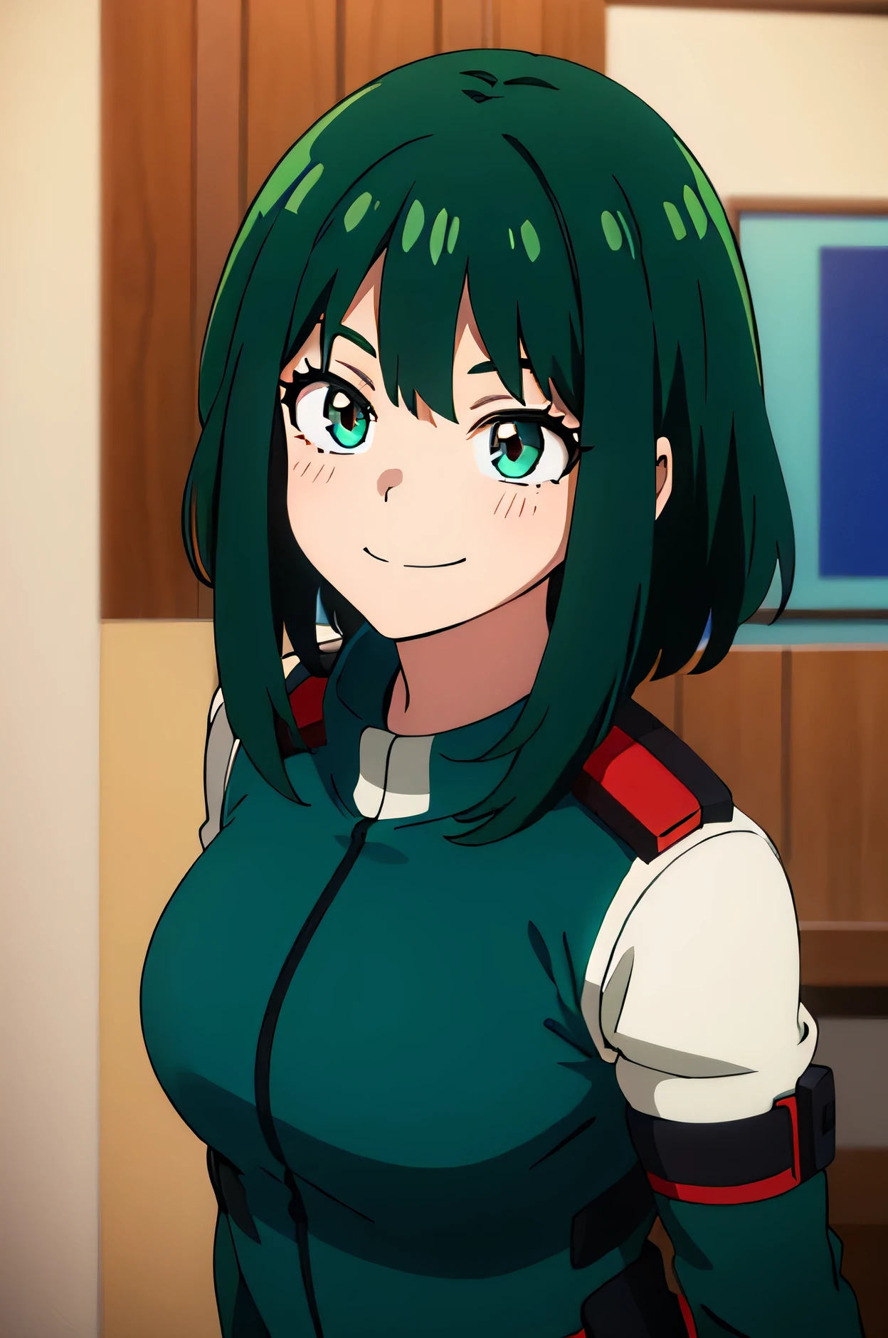 anime MHA traços , girl, dark green hair, My hero academy costume, browm eyes, smiling