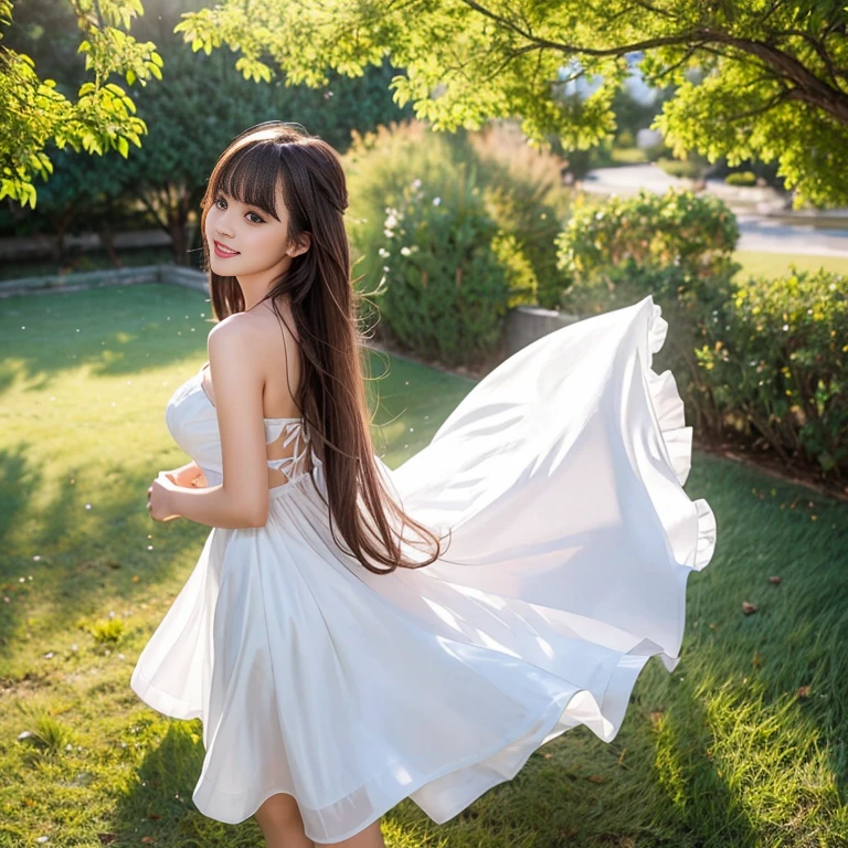 (Best quality,high resolution,Ultra-detailed:1.2),Beautiful white to red gradient wavy curls fluttering in the breeze, Vibrant flowers in the background of the park, Close-up shot,