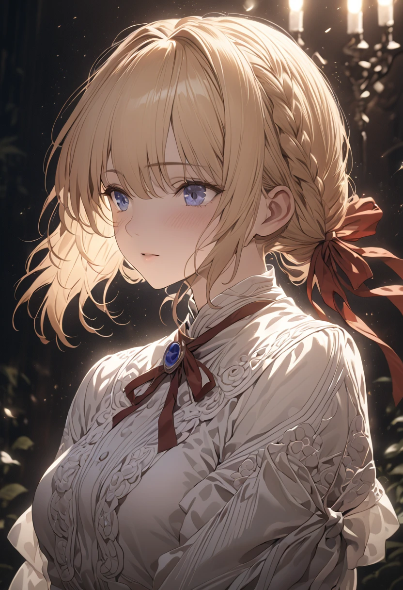 a beautiful detailed portrait of violet evergarden, blonde hair, blue eyes, hair ribbon, ribbon, short hair, braids, hair braids, red ribbon, mature female, highly detailed, intricate details, photorealistic, 8k, masterpiece, dramatic lighting, cinematic, emotional, delicate, elegant, serene, feminine, full body