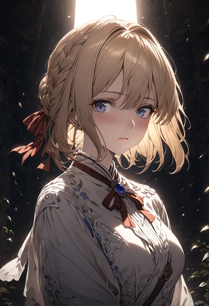 a beautiful detailed portrait of violet evergarden, blonde hair, blue eyes, hair ribbon, ribbon, short hair, braids, hair braids, red ribbon, mature female, highly detailed, intricate details, photorealistic, 8k, masterpiece, dramatic lighting, cinematic, emotional, delicate, elegant, serene, feminine, full body