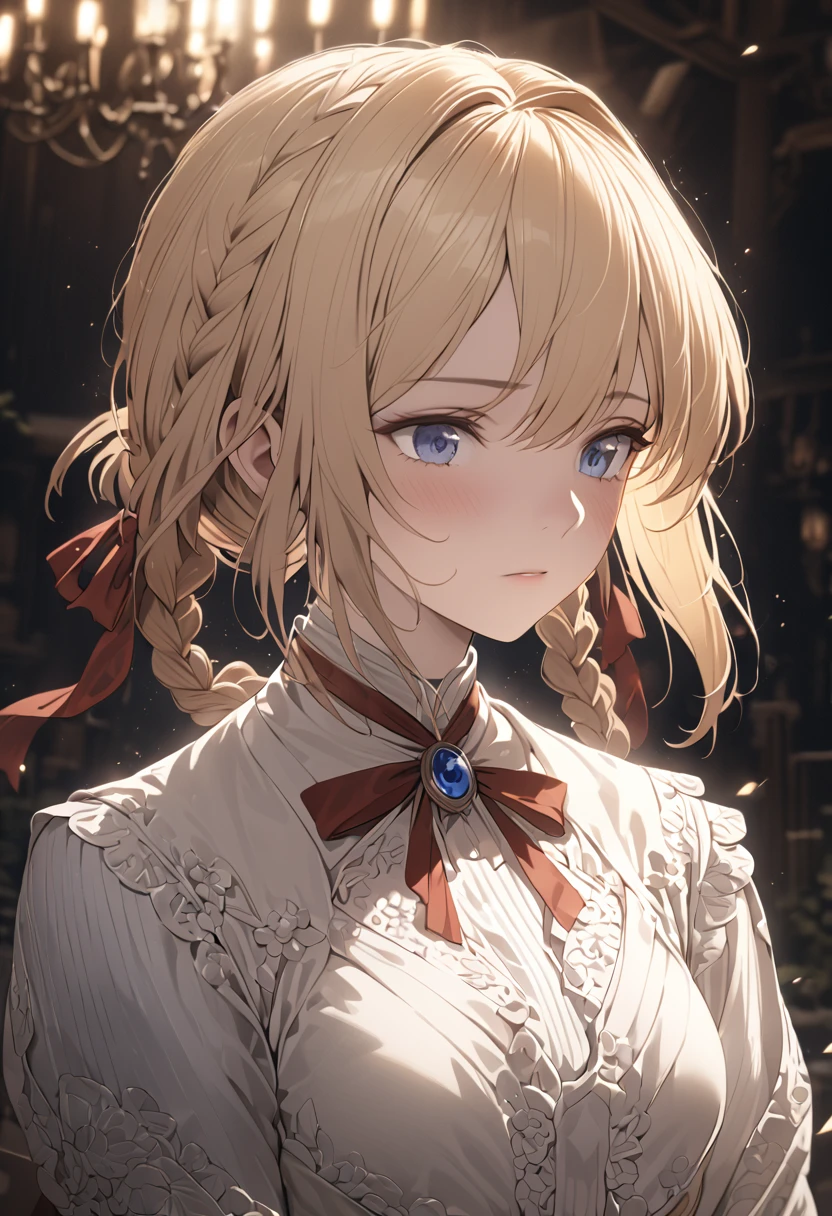 a beautiful detailed portrait of violet evergarden, blonde hair, blue eyes, hair ribbon, ribbon, short hair, braids, hair braids, red ribbon, mature female, highly detailed, intricate details, photorealistic, 8k, masterpiece, dramatic lighting, cinematic, emotional, delicate, elegant, serene, feminine, full body