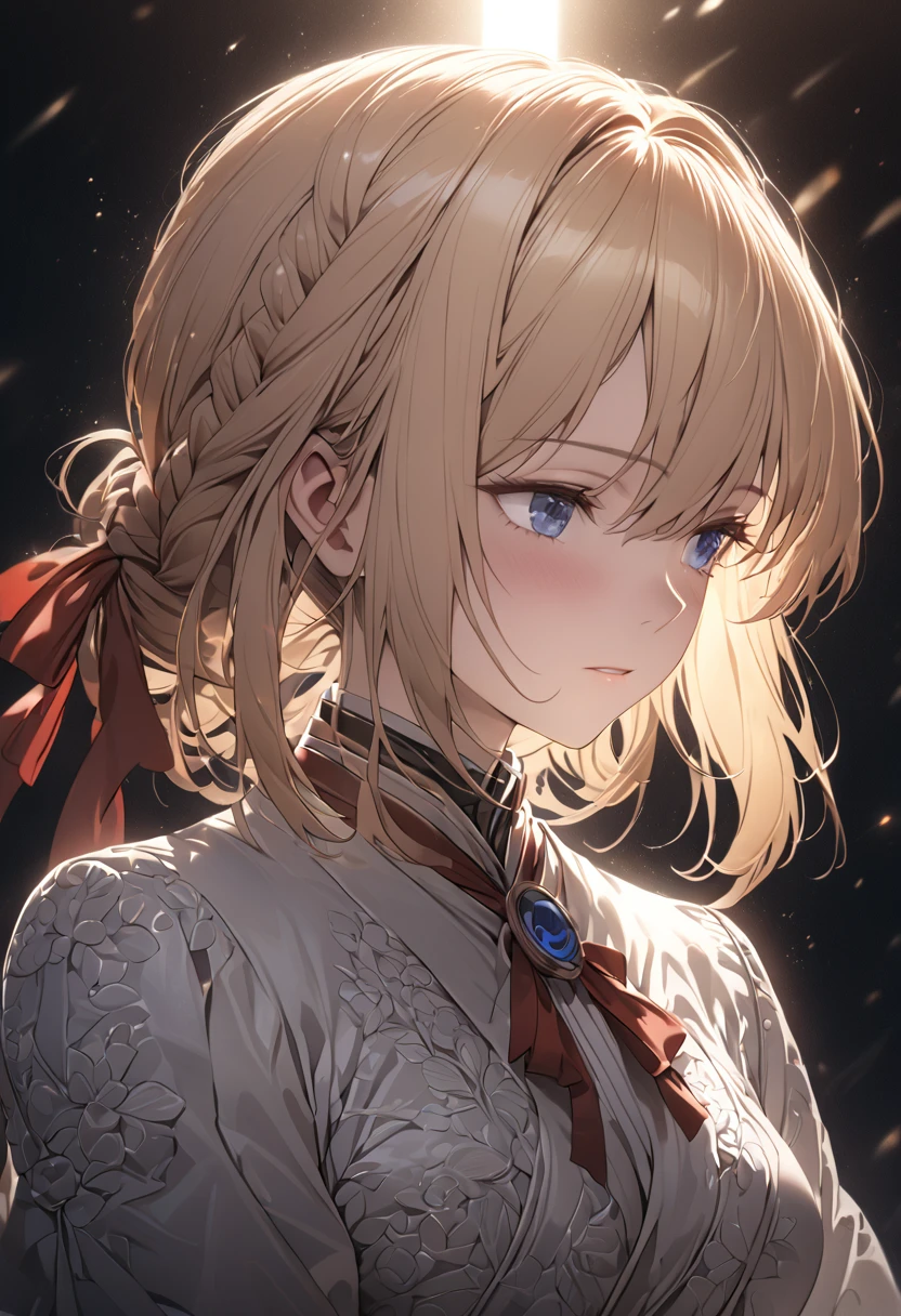 a beautiful detailed portrait of violet evergarden, blonde hair, blue eyes, hair ribbon, ribbon, short hair, braids, hair braids, red ribbon, mature female, highly detailed, intricate details, photorealistic, 8k, masterpiece, dramatic lighting, cinematic, emotional, delicate, elegant, serene, feminine, full body