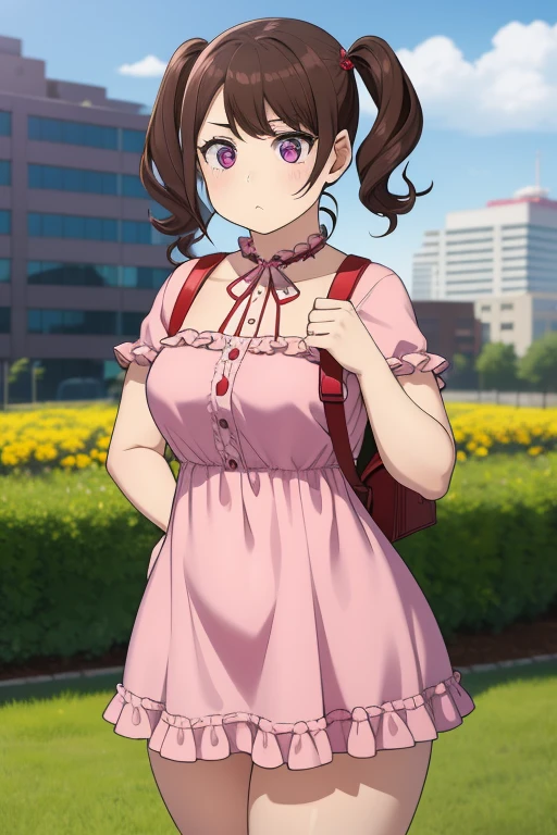 masterpiece, Please redeem, Nico_Erosion,High resolution, 1 girl, Alone, Brown Hair, short hair, Twin tails、Purple eyes, Cowboy Shot, Frill dress, , Pink Dress, (Clevis)、(Beautiful thighs)、city, Outdoor, garden, Has a red backpack, (Randoseru