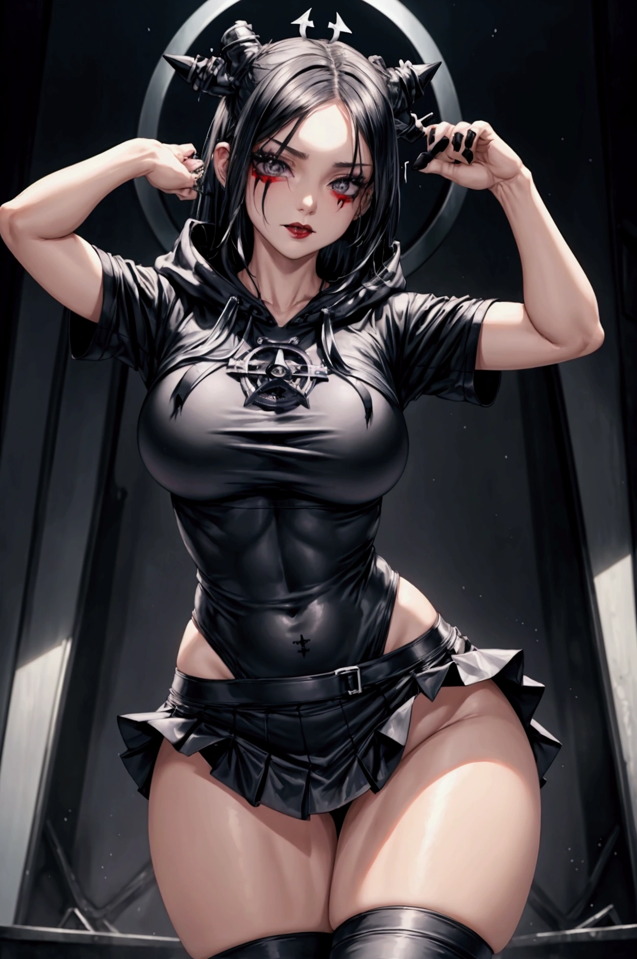 (full figure:1.1), (1 girl as yukino yukinoshita:1.5), highres, solo, (very small breasts:1.5), waist long black hair, (twintails:0.5), (pleated school miniskirt:1.5), (black Thigh High:1.5), (loose red ribbon:1.2), (cotton skirt:1.5), (unbuttoned white shirt:1.4), (ahegao:1.5), green eyes, (rolling eyes:1.5), (torn clothes:1.5), (naked breasts:1.5), spread legs, (standing:1.1), legs wide open, (in a dungeon:1.2), legspread, breastapart, no panties, perfect body, perfect legs