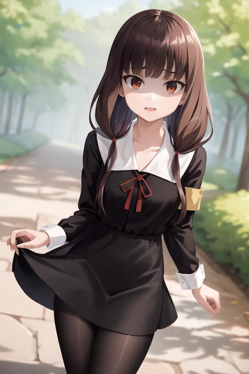 masterpiece, best quality, highres, bbmiko, long hair, low twintails, blunt bangs, collarbone, neck ribbon, red ribbon, black dress, black shirt, long sleeves, black sleeves, armband, black pantyhose, standing, cowboy shot, outdoors, show panties, lift skirt, show teeth, view from below, shaded face