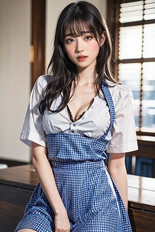 masterpiece, Please redeem, Ultra-high resolution, (Photo-realistic:1.6), One Girl,  (Round face:1.3),(Gingham check suspender apron:1.3), (Plain Blue High Waist Skirt:1.3), (Apron over skirt:1.2), (White blouse:1.3), (Double-breasted,Underbust:1.2), Short sleeve, Button gap, (Plain blue night tie:1.2), baby face, Beautiful body, 普通のChest, Beautiful thighs, Beautiful legs, Camel Toe, (Smooth Skin:1.1), Dynamic pose, (Chest:1.2), Cafe, restaurant,Cleavage、slouch、Large Breasts、slouchのポーズ