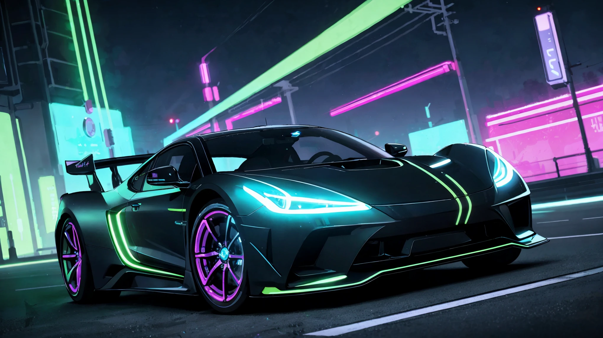 Cyber-punk style, bright neon car, centered, masterful technique, bioluminescent outline, highly detailed, smooth, sharp focus, illustration, approaching perfection, intricate details, ultra-high definition, 8k resolution 