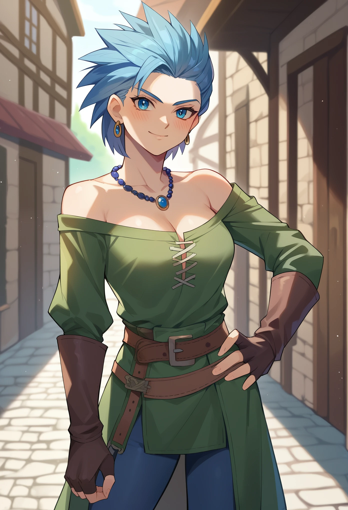 score_9, score_8_up, score_7_up, female focus, female body, 1girl, solo, erik, spiked hair, green tunic, blue eyes, jewelry, earrings, blue hair,  medium hair, hair between face ,necklace, gloves, fingerless gloves, pants, thigh pants, brown gloves, standing, off shoulders, cleavage, blushing, smiling, hand on hip, looking at you, medieval village