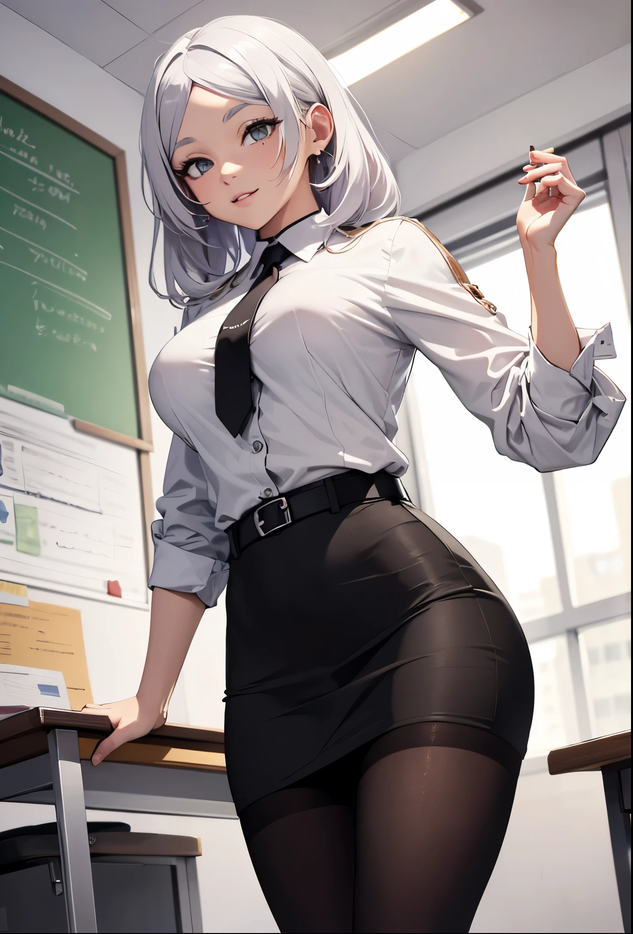 (Masterpiece, Best Quality:1.4), (Highres), (Digital Art:1.2), 4K, anime style, cute face

(Indoors:1.2), (Office:1.2),

1Girl, Solo, Looking Up, Looking at Viewer, 

White Hair, Blunt Bangs, Long Sidelocks, Pointy Ears,

Green Eyes, 

(Curvy:1.4), Large Breasts, Wide Hips, 

White Shirt, Black Jacket, Black Office Skirt, Black Necktie, Pantyhose, being stroked by a man's crotch, having sex with a man