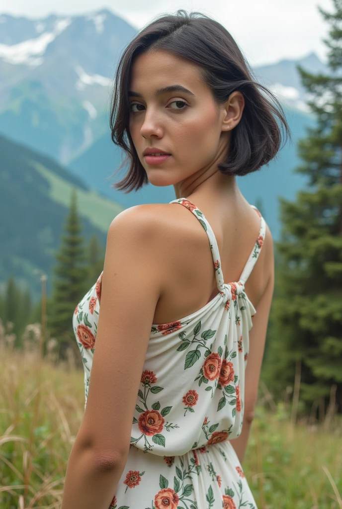 beautiful woman, short severely shaved undercut hair, wearing a floral sun dress, very short shaved dark hair, dress flowing in the warm breeze of the mountains