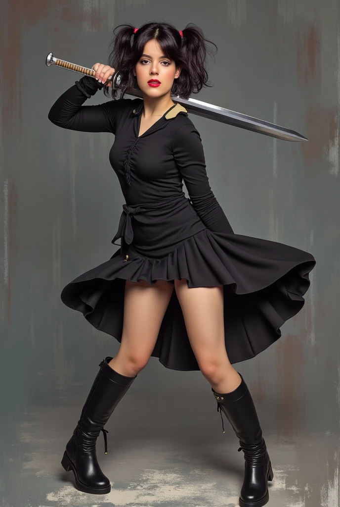 Realistic depiction of a young woman in a dynamic pose, she is depicted in a powerful stance, holding a large, silver sword with both hands, ready to strike, her dark hair is styled in two high ponytails, with bangs framing her face, and she has striking red eyes, her attire consists of a black, long-sleeved top with a v-neck, and a short, pleated black skirt that is lifted to reveal her bare legs, she wears black knee-high boots, the background is a mix of dark and light grey tones, with abstract, abstract brushstrokes that create a sense of movement and depth, the texture of the painting is smooth, with bold lines and shading, enhancing the dynamic and intense nature of the scene, the overall mood is intense and dynamic, with a strong emphasis on the character's strength and readiness 