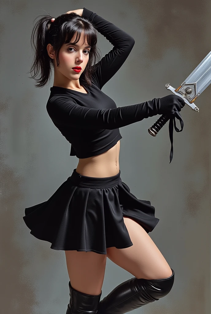 Realistic depiction of a young woman in a dynamic pose, she is depicted in a powerful stance, holding a large, silver sword with both hands, ready to strike, her dark hair is styled in two high ponytails, with bangs framing her face, and she has striking red eyes, her attire consists of a black, long-sleeved top with a v-neck, and a short, pleated black skirt that is lifted to reveal her bare legs, she wears black knee-high boots, the background is a mix of dark and light grey tones, with abstract, abstract brushstrokes that create a sense of movement and depth, the texture of the painting is smooth, with bold lines and shading, enhancing the dynamic and intense nature of the scene, the overall mood is intense and dynamic, with a strong emphasis on the character's strength and readiness 