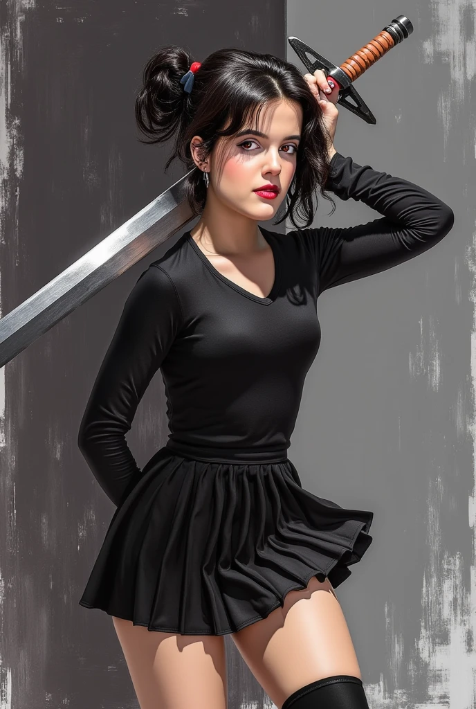 Realistic depiction of a young woman in a dynamic pose, she is depicted in a powerful stance, holding a large, silver sword with both hands, ready to strike, her dark hair is styled in two high ponytails, with bangs framing her face, and she has striking red eyes, her attire consists of a black, long-sleeved top with a v-neck, and a short, pleated black skirt that is lifted to reveal her bare legs, she wears black knee-high boots, the background is a mix of dark and light grey tones, with abstract, abstract brushstrokes that create a sense of movement and depth, the texture of the painting is smooth, with bold lines and shading, enhancing the dynamic and intense nature of the scene, the overall mood is intense and dynamic, with a strong emphasis on the character's strength and readiness 