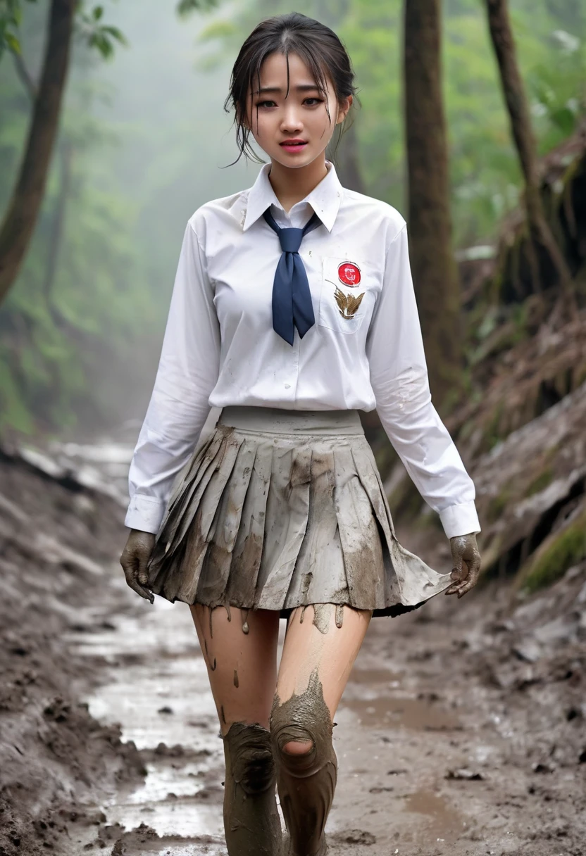 (highest quality, 4K photo, Good:1.4), (An Indonesian female student covered in mud), 1, very cute, Crying loudly, A very dirty and tattered gray tight skirt, A very dirty and tattered white long-sleeved shirt, Crying, Very beautiful, Thighs, Indonesian high school uniform, tattered white shirt, student council logo on the pocket, natural medium breasts, tattered gray pleated skirt, dirty, covering one's chest with her arms, shame Crying, A tattered and dirty white shirt, Mountain path, Walking while crying, forest, Muddy,