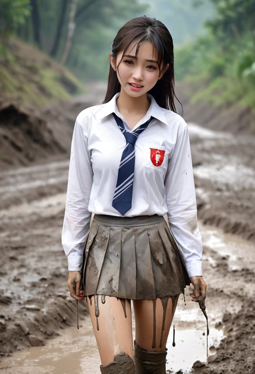 (highest quality, 4K photo, Good:1.4), (An Indonesian female student covered in mud), 1, very cute, Crying loudly, A very dirty and tattered gray tight skirt, A very dirty and tattered white long-sleeved shirt, Crying, Very beautiful, Thighs, Indonesian high school uniform, tattered white shirt, student council logo on the pocket, natural medium breasts, tattered gray pleated skirt, dirty, covering one's chest with her arms, shame Crying, A tattered and dirty white shirt, Mountain path, Walking while crying, forest, Muddy,