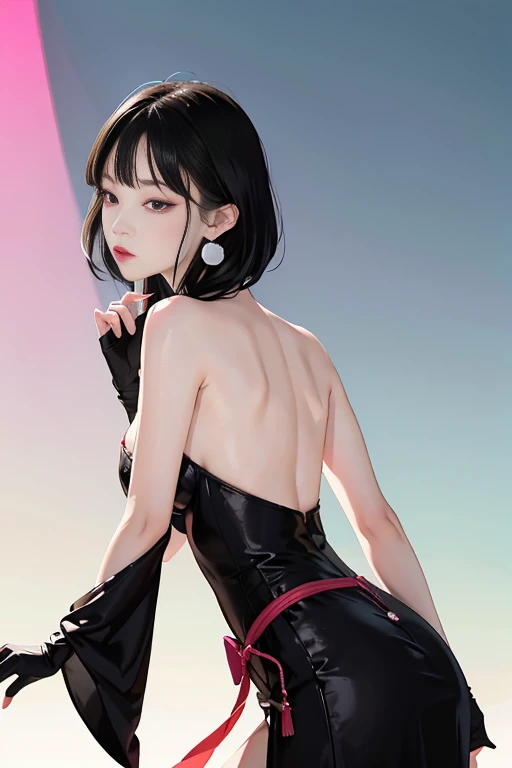 tsuruta ichiro, Narrow-eyed, 1girl in, Allback、deadpan、short-hair、shorth hair、brow、Reluctance、A dark-haired、Tucked Hair Solo, Cowgirl, Onepiece, ((mideum breasts)), Thin slit eyes、Black eyes, Light shines on the eyes、Black hair, gloves, Dress, Luxurious Jewelry, earrings, sharp eye、 elbow groves,Raise your hands and tie your hair back, random color, random color dress, Makeup for long eyes, Slender eyes、lip stick, Complex petal pattern, Rim Light, Back Light, pastel color,Studio Lighting