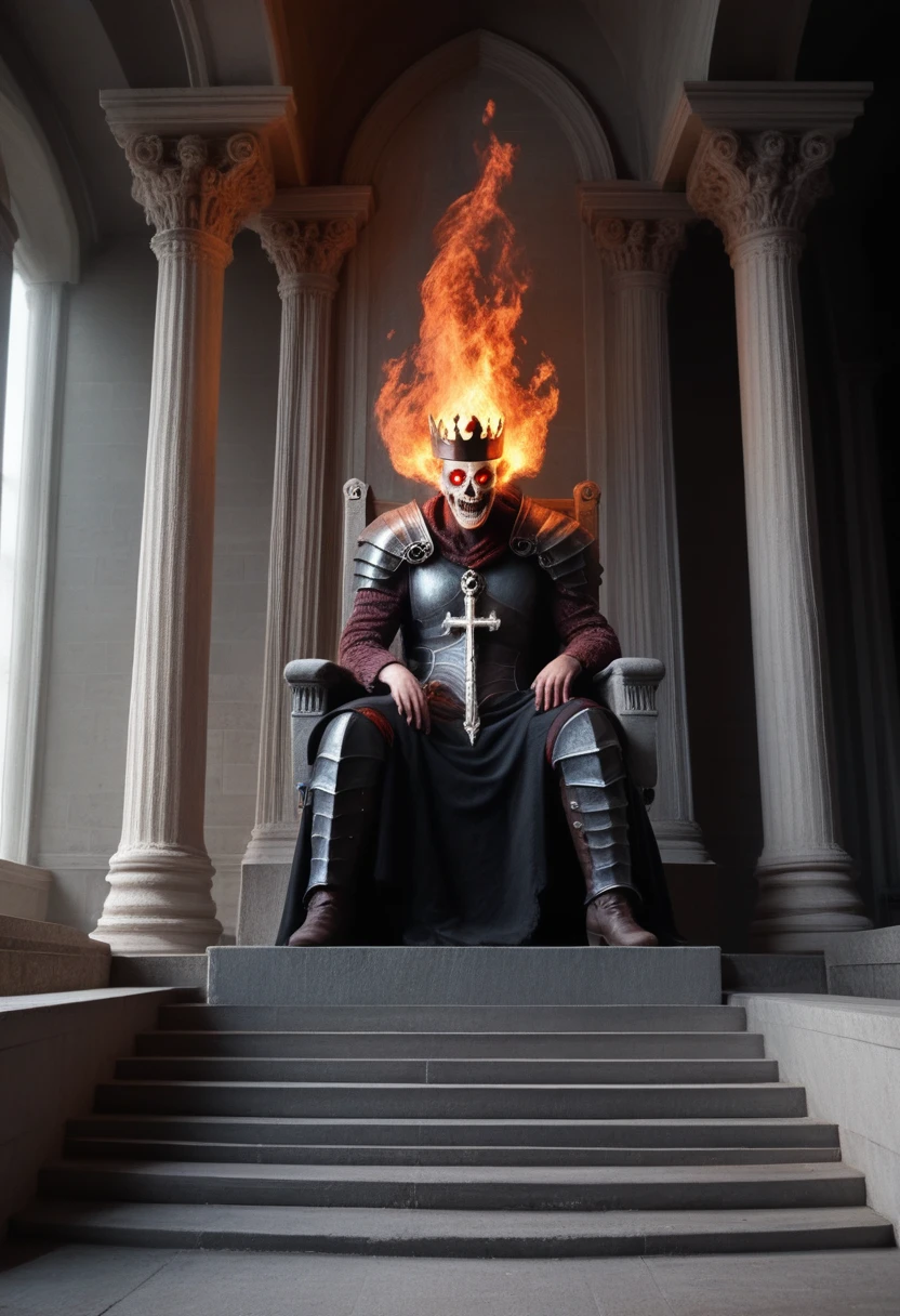 Terrifying villain, giant, sitting on his throne, with fire around them and dead, black dress seen from below