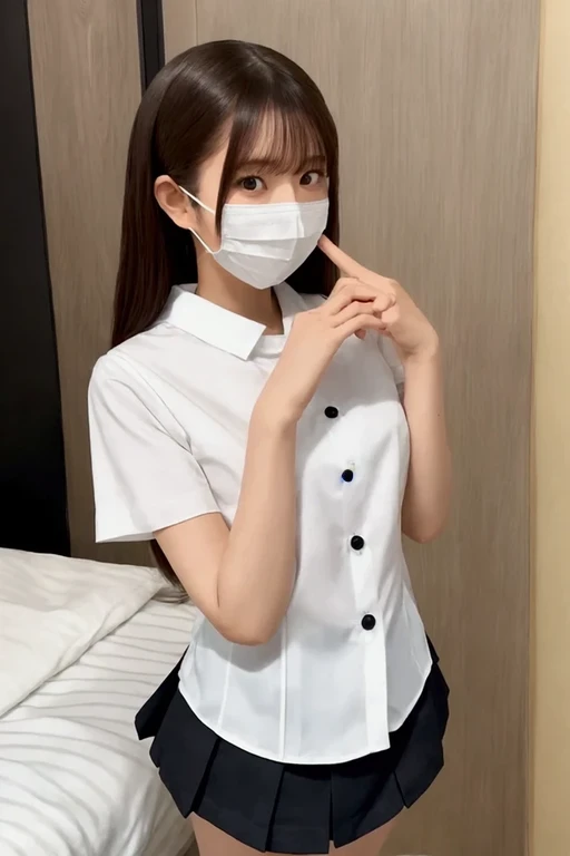 best quality, masterpiece, ultra high res, 8K, raw, (photo realistic:1.4), professional lighting, sharp focus, 1 girl, (detailed background:1.5), (dental clinic, desk, chair:1.3), slender, cute, 24yo, smile, tiny breasts, short ponytail, hospital receptionist, (navy nurse uniform;1.3), white mouth mask