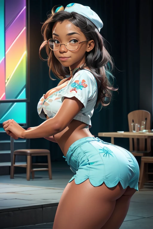 (The best quality, 4k, 8K, hires, masterpiece:1.2), Ultra detailed, (realistic, photorealistic:1.3), (((mirabel madrigal, long hair))), (((lime green round glasses))), smiling, (((Sexy white fitted crop top with scalloped neck and short sleeves with authentic embroidery style designs, showing nipples, cleavage))), Hot and sweaty nightclub background, (((sexy ((steep)) Teal Tiny Skirt, Wad of bills))), (((dark skin))), detailed skin, voluptuous, ((curvy body)), (big breasts), (cute young girl dancing), ((round ass)), ((Wide hips)), (vibrant colors:0.9), (narrow waist), Seductive dance, Seductive side pose, (round and raised buttocks emphasized), focus on the character