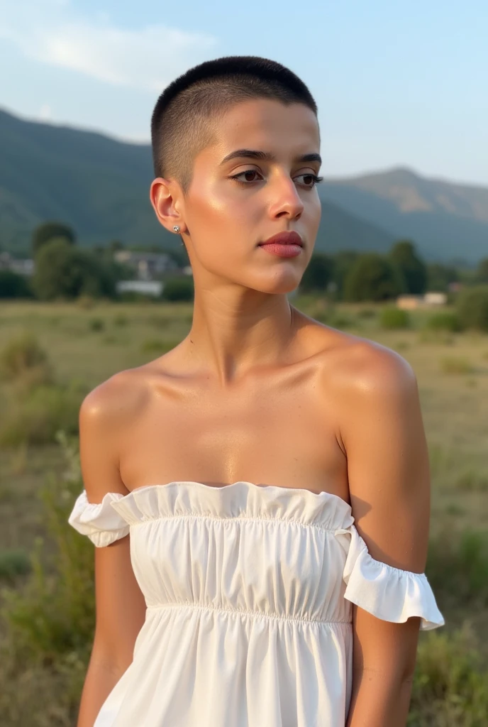 beautiful woman, short severely shaved undercut hair, wearing a white sun dress, very short closely shaved dark hair, dress flowing in the warm breeze of the mountains