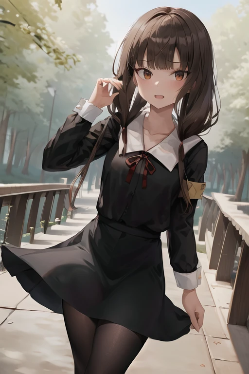 masterpiece, best quality, highres, bbmiko, long hair, low twintails, blunt bangs, collarbone, neck ribbon, red ribbon, black dress, black shirt, long sleeves, black sleeves, armband, black pantyhose, standing, cowboy shot, outdoors, show panties, lift skirt, show teeth, low_angle_human, 