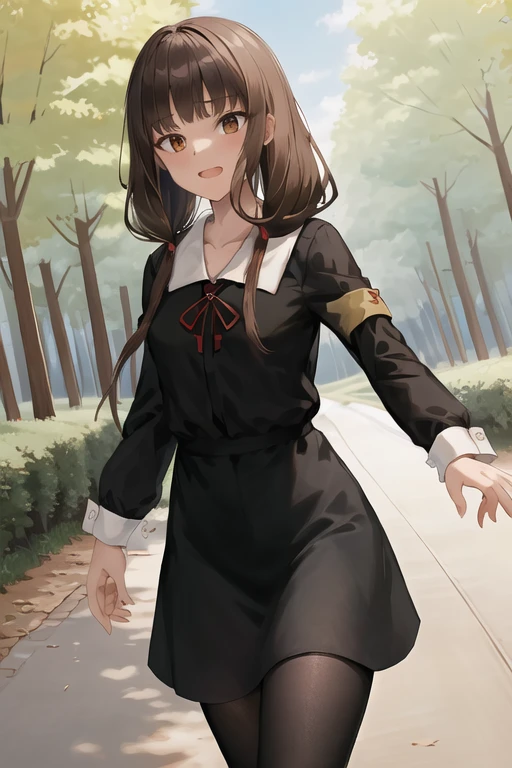 masterpiece, best quality, highres, bbmiko, long hair, low twintails, blunt bangs, collarbone, neck ribbon, red ribbon, black dress, black shirt, long sleeves, black sleeves, armband, black pantyhose, standing, cowboy shot, outdoors, show panties, lift skirt, show teeth, low_angle_human, 