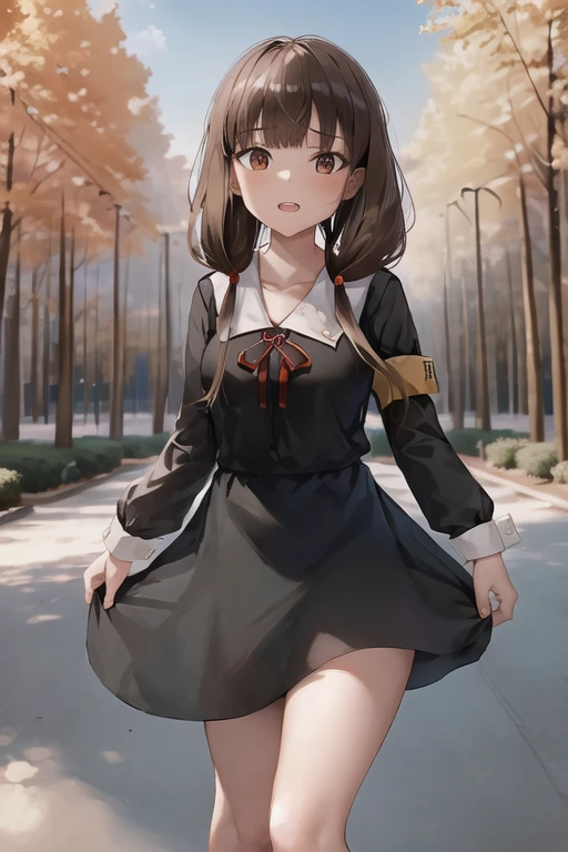 masterpiece, best quality, highres, bbmiko, long hair, low twintails, blunt bangs, collarbone, neck ribbon, red ribbon, black dress, black shirt, long sleeves, black sleeves, armband, black pantyhose, standing, cowboy shot, outdoors, show panties, lift skirt, show teeth, low_angle_human, 