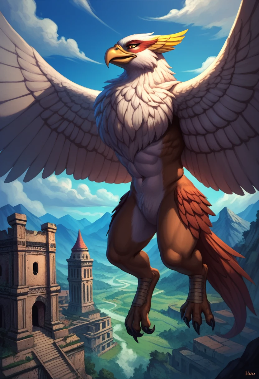 ,(solo), anthro male eagle, proud serious expression, penis, foreskin, balls, muscular, standing, nipples, majestic wings, by taran fiddler, sharp beak