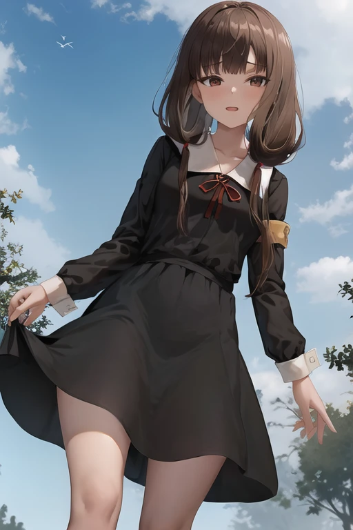 masterpiece, best quality, highres, bbmiko, long hair, low twintails, blunt bangs, collarbone, neck ribbon, red ribbon, black dress, black shirt, long sleeves, black sleeves, armband, black pantyhose, standing, cowboy shot, outdoors, show panties, lift skirt, show teeth, low_angle_human:1.5, very low angle:1.5,