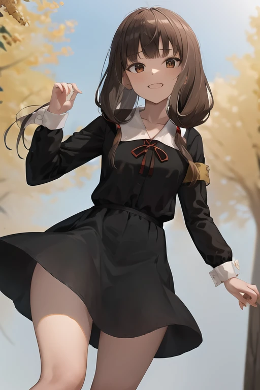 masterpiece, best quality, highres, bbmiko, long hair, low twintails, blunt bangs, collarbone, neck ribbon, red ribbon, black dress, black shirt, long sleeves, black sleeves, armband, black pantyhose, standing, cowboy shot, outdoors, show panties, lift skirt, show teeth, low_angle_human:1.5, very low angle:1.5,